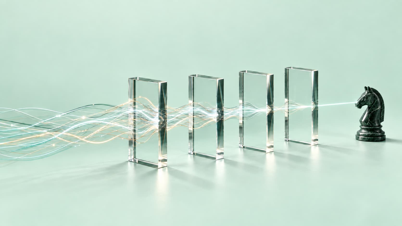 Four clear glass panes focus light toward an emerald knight in a mint setting.